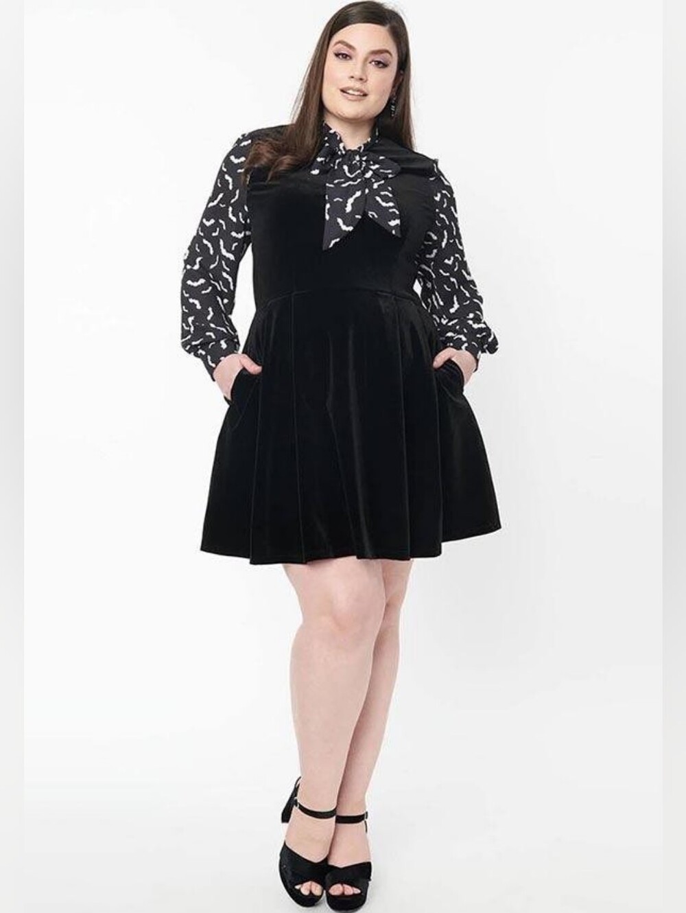 Plus Size Black Velvet Pinafore Dress with Bat Printed Bow Blouse